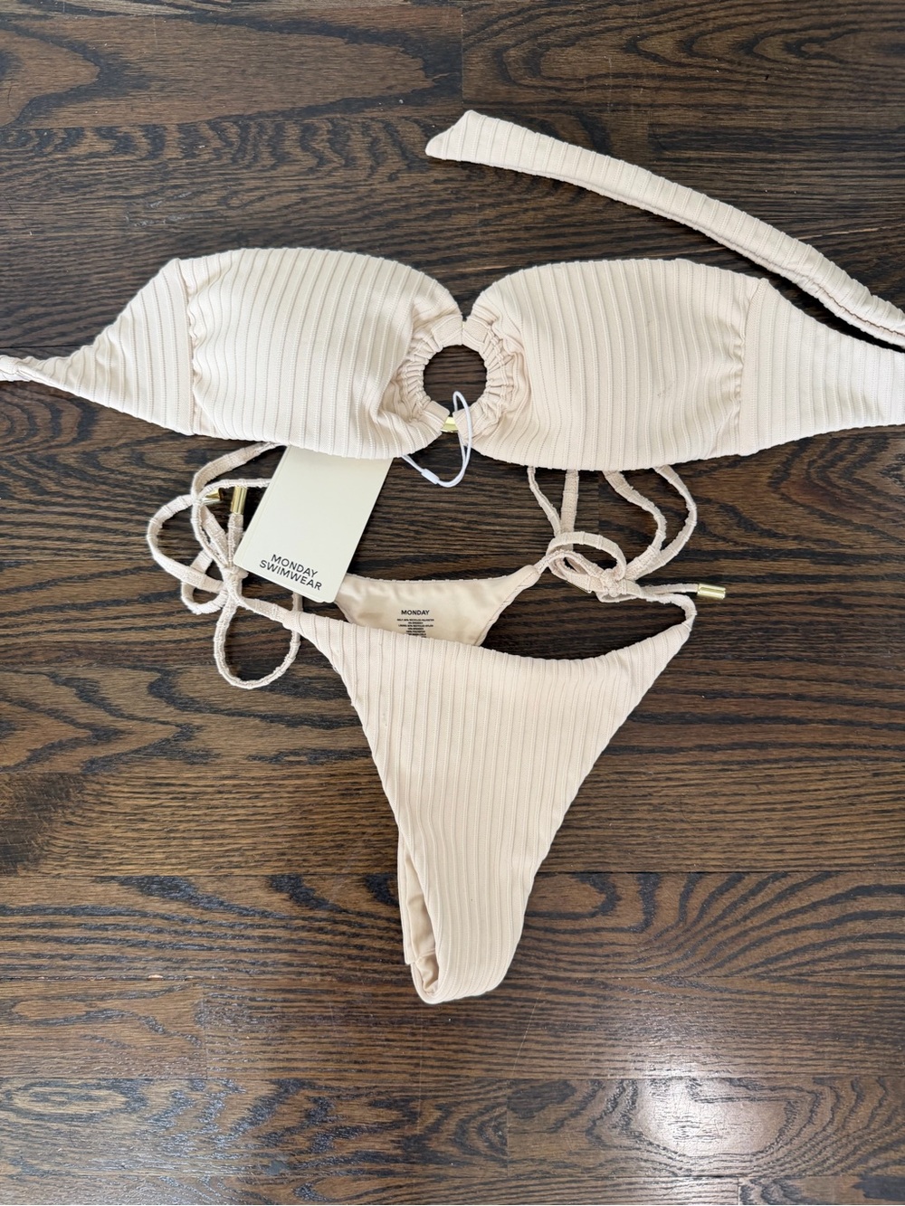 Monday Swimwear Vanilla Matte Rib Thong & Ring-Halter Bikini Set